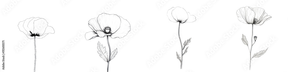 Fototapeta premium Elegant Monochrome Floral Silhouette Sketches in Black and White Depicting the Beautiful Simplicity of Nature s Botanical Designs