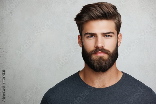 Young man with stylish haircut and beard in casual white shirt posing against...