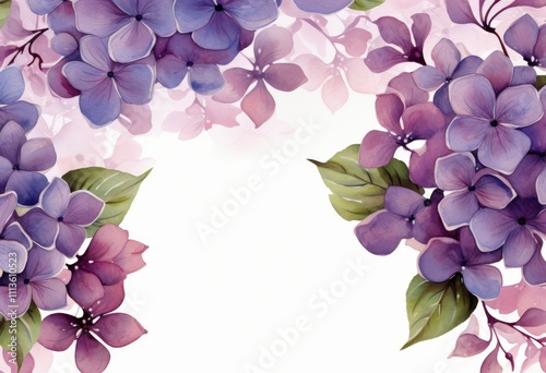 Beautiful watercolor painting of purple flowers with green leaves on a white ...