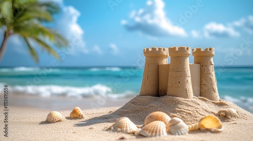 Sandcastle standing proudly on a sunny beach with a tropical background and g...