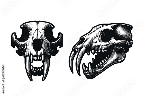 Black-and-white engraving-style line art illustration set of  saber-toothed tiger skull with prominent fangs. Highly detailed and isolated on a white background, perfect for scientific or artistic use