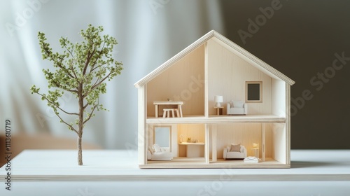 Miniature house model with tree and natural light in a bright room