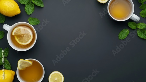 Fresh mint and lemon with tea on a dark surface create a vibrant, inviting se...