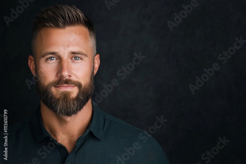 Confident man with beard poses against solid dark background in casual attire