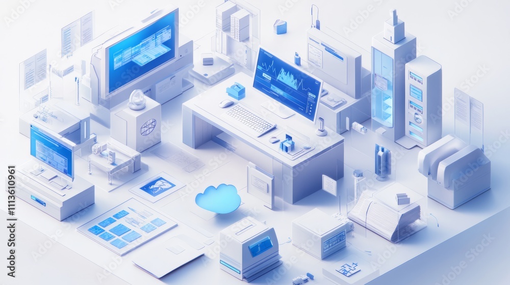 Modern technology office space, isometric view, with computers, printers, and cloud computing elements. Modern technology office space, isometric view, with computers, printers, and cloud computing elements.