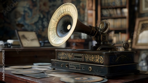 Antique gramophone on a wooden table surrounded by records.