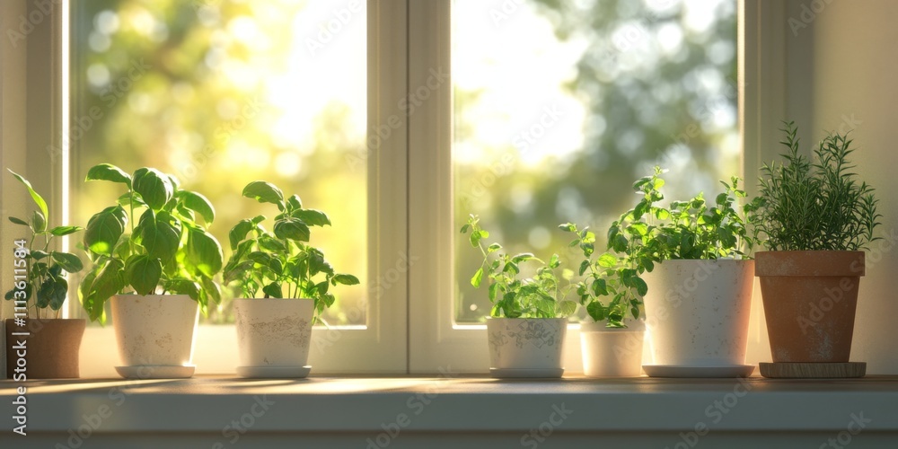 Sunlit Kitchen Window with Various Potted Herbs and Green Plants on a Wooden Ledge Surrounded by Natural Outdoor Light Sunlit Kitchen Window with Various Potted Herbs and Green Plants on a Wooden Ledge Surrounded by Natural Outdoor Light