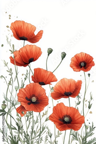 Vibrant red poppies blooming with graceful green leaves in a natural setting