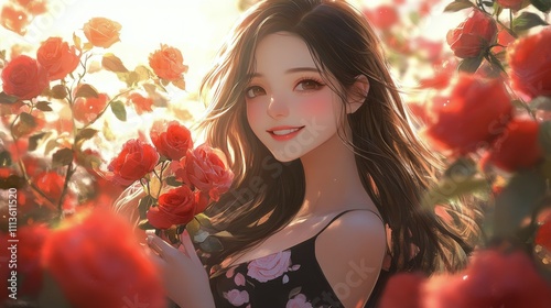 Smiling young woman holding roses in a sunlit flower field during golden hour