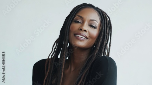 Smiling woman with long dreadlocks poses against a plain background indoors