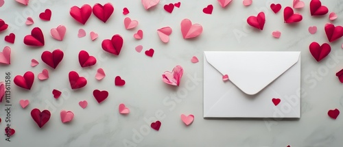 Romantic setting with an envelope surrounded by red hearts for a special occa...