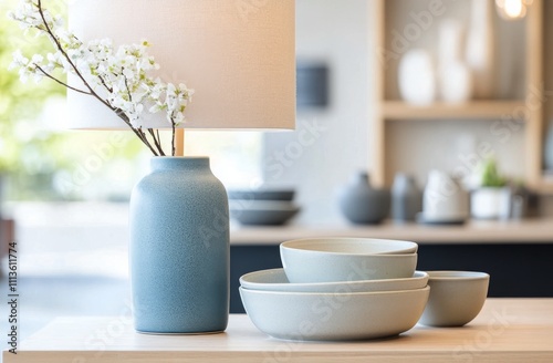 Softly lit lamp and minimalist tableware create a serene dining atmosphere