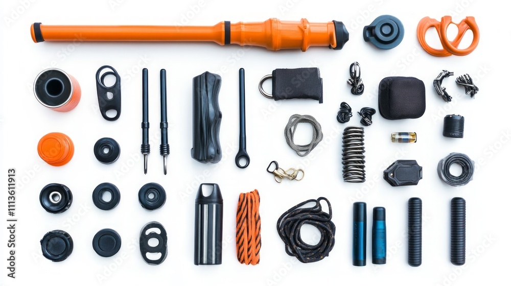 Assorted climbing and rescue tools laid out on a white background. Various equipment pieces, including orange poles, black components, ropes, and safety accessories. High angle, top down view. Assorted climbing and rescue tools laid out on a white background. Various equipment pieces, including orange poles, black components, ropes, and safety accessories. High angle, top down view.