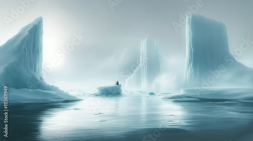 Majestic icebergs reflect on tranquil water during a foggy Arctic dawn