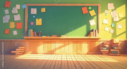Classroom with green chalkboard and colorful sticky notes in sunlight