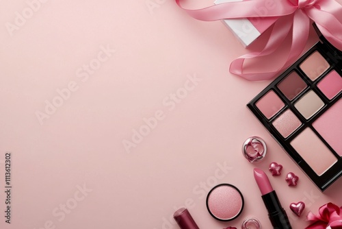Makeup items arranged on a pink background for a beauty themed layout or display