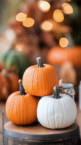 Autumn pumpkins and leaves arranged on wooden table for seasonal decor inspir...