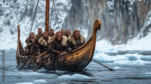 Vikings in longship navigating icy waters.