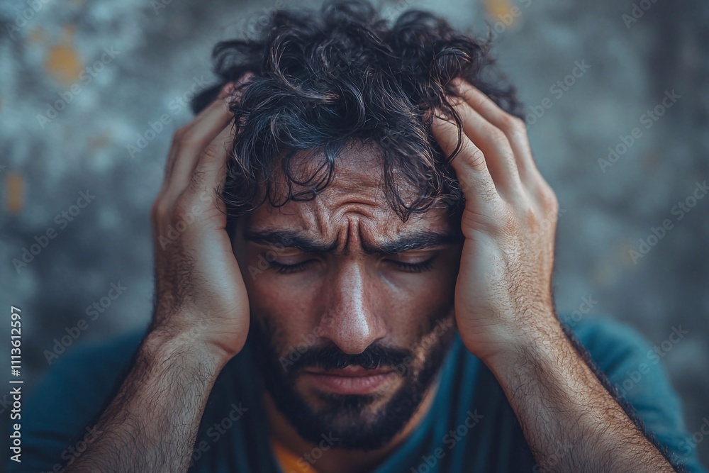 The man, contorting his face, held his head in his hands. The man, contorting his face, held his head in his hands.