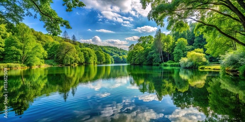 Tranquil lake water surrounded by lush green trees , Serene, peaceful, nature, reflection, landscape, outdoors, scenery