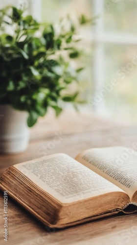 Old open book resting on a wooden surface with soft lighting and natural text...