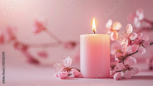 Delicate candle surrounded by blooming spring flowers on soft pink background