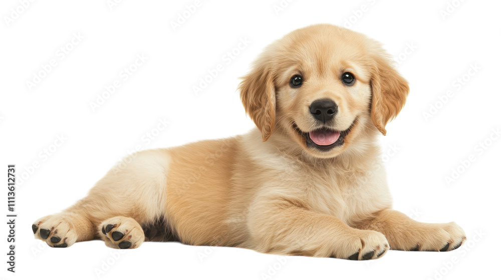A cheerful golden retriever puppy relaxes on a soft surface, showcasing its adorable features and playful spirit. Its bright fur and joyful expression evoke warmth and love A cheerful golden retriever puppy relaxes on a soft surface, showcasing its adorable features and playful spirit. Its bright fur and joyful expression evoke warmth and love