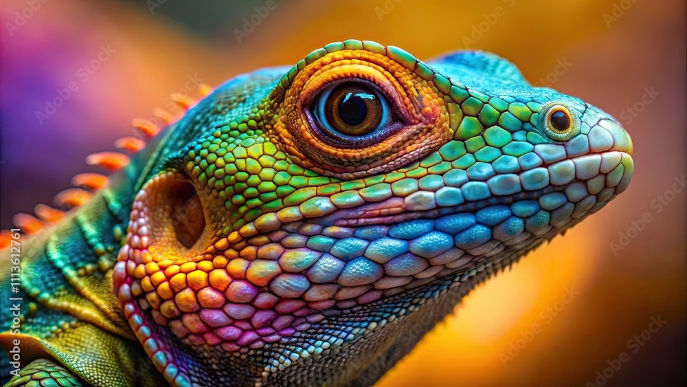 Close-up of brightly colored lizard with intricate scales and expressive eyes in natural habitat under soft lighting, lizard Close-up of brightly colored lizard with intricate scales and expressive eyes in natural habitat under soft lighting, lizard