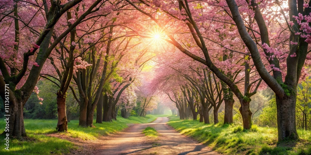 Naklejka premium Sunlit forest path with pink blossoms in springtime, forest, path, sunlight, pink blossoms, springtime, nature, scenery
