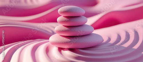 3D rippled pink stone stack designed in polymer material with modern structure. photo