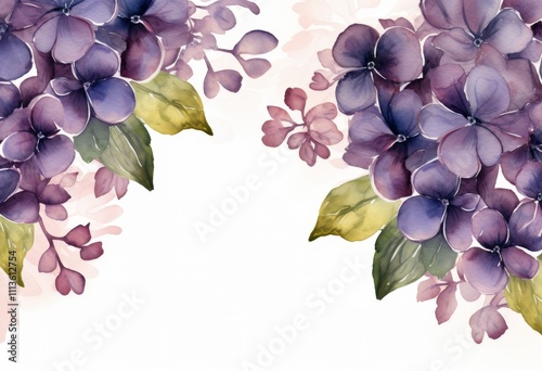 Beautiful watercolor painting of purple flowers with green leaves on a white ...