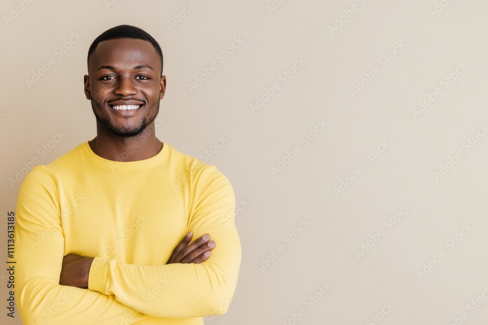 Smiling man in a yellow sweater stands confidently against a neutral background Smiling man in a yellow sweater stands confidently against a neutral background