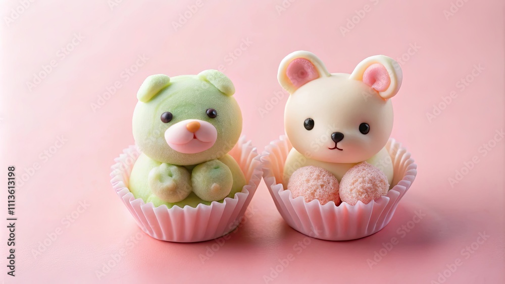 Cute of Japanese sweets with bear and rabbit in pastel colors on pink background, Japanese, sweets, cute, bear Cute of Japanese sweets with bear and rabbit in pastel colors on pink background, Japanese, sweets, cute, bear