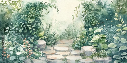 Pathway through a lush green garden filled with vibrant plants in soft light