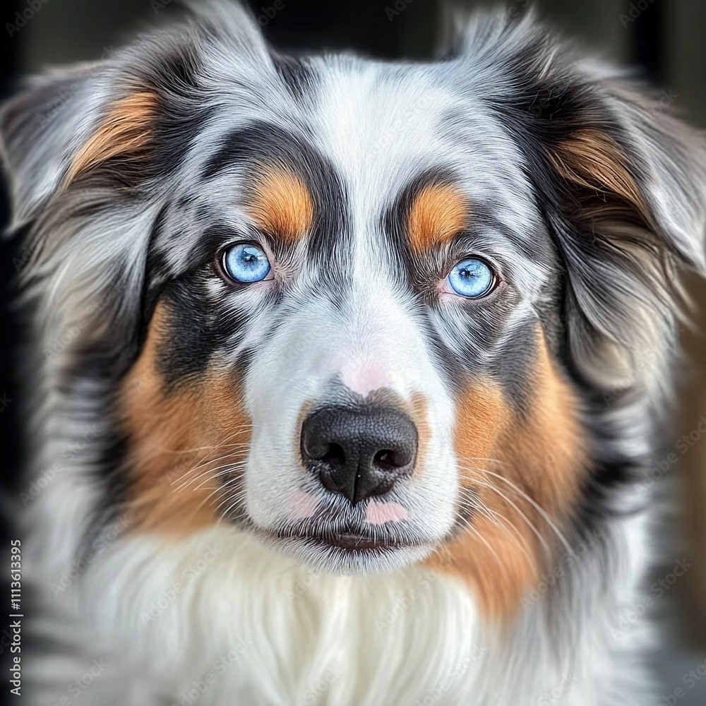 Close-up portrait of an Australian Shepherd with striking blue eyes. Close-up portrait of an Australian Shepherd with striking blue eyes.