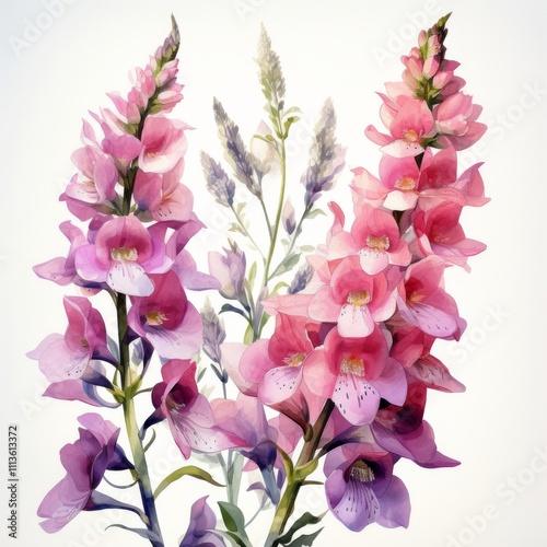 Beautiful watercolor painting of pink foxglove flowers with green leaves in a...