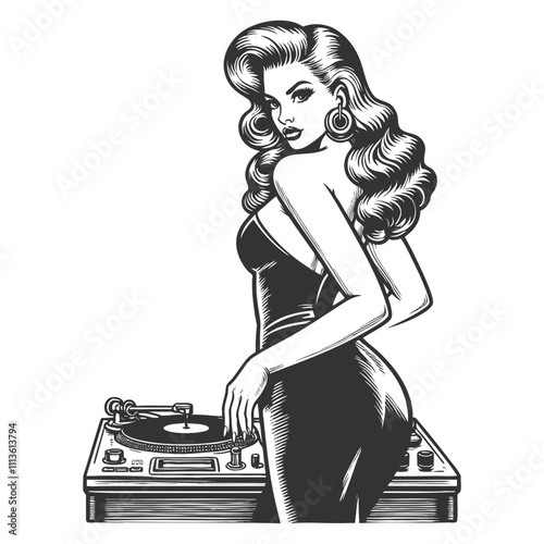 pin-up woman DJing with turntables, wearing headphones and 1950s-inspired attire sketch engraving generative ai fictional character vector illustration. Scratch board imitation. Black and white image.