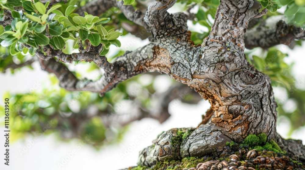 Fototapeta premium A close-up of a bonsai tree, showcasing its intricate bark and lush green leaves.