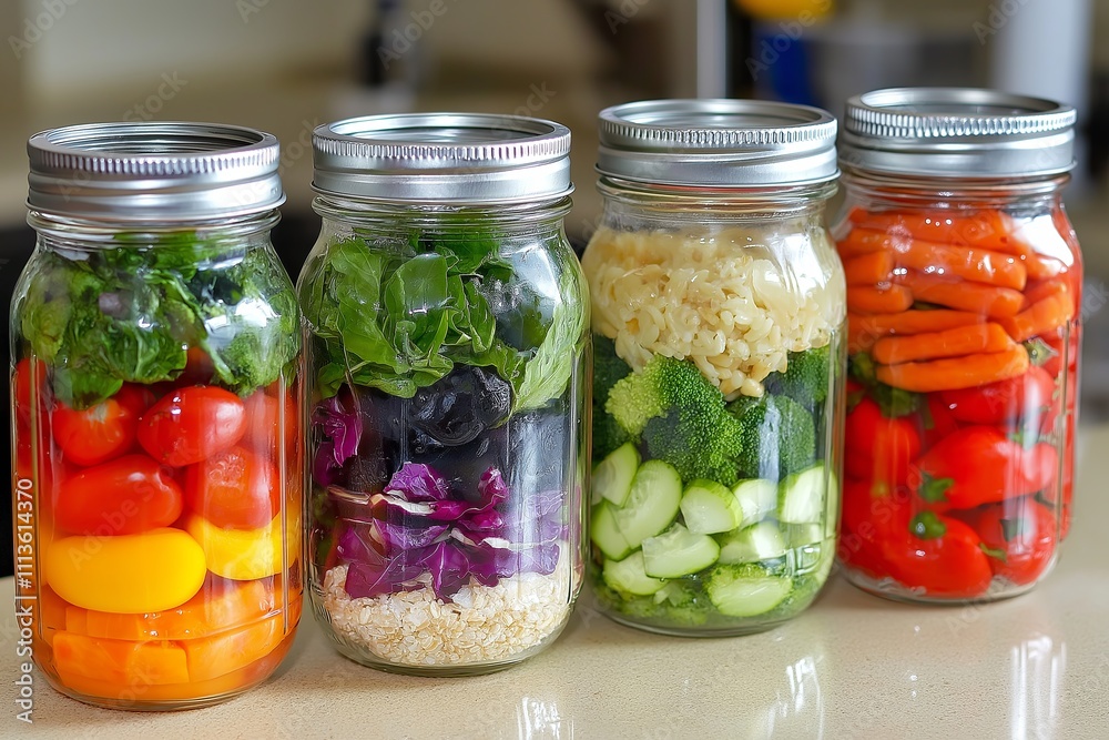 A series of mason jars filled with healthy meal preps: grains, veggies, and lean proteins. A series of mason jars filled with healthy meal preps: grains, veggies, and lean proteins.