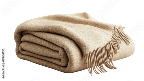 Soft beige blanket sits beautifully folded, showcasing its texture and fringe. Ideal for cozy nights or draping over furniture to enhance any living space's warmth and style