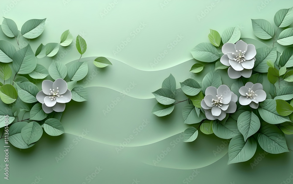 Serene green background featuring delicate paper-like flowers and lush leaves, creating an elegant and calming atmosphere perfect for nature-themed designs.