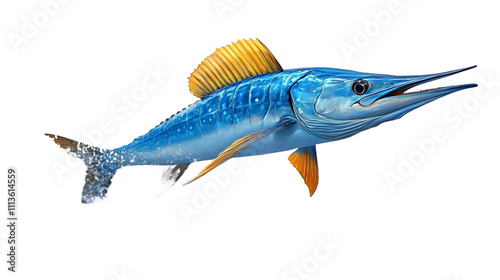 A blue marlin soaring gracefully through the air in a vibrant cartoon style, featuring dynamic motion, vivid colors, and whimsical charm, ideal for themes of marine life, freedom, and creative illustr photo