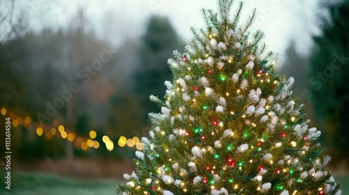 Christmas tree lit up with all white twinkling lights out of focus bokeh in the shape of a triangle with green and red .
