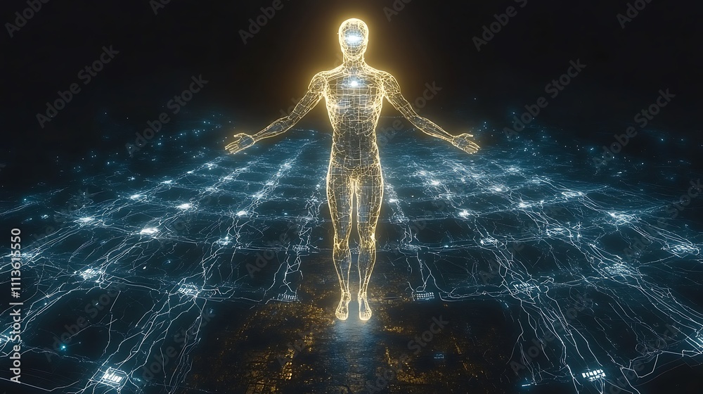 Glowing human figure levitating above a network of light. Glowing human figure levitating above a network of light.