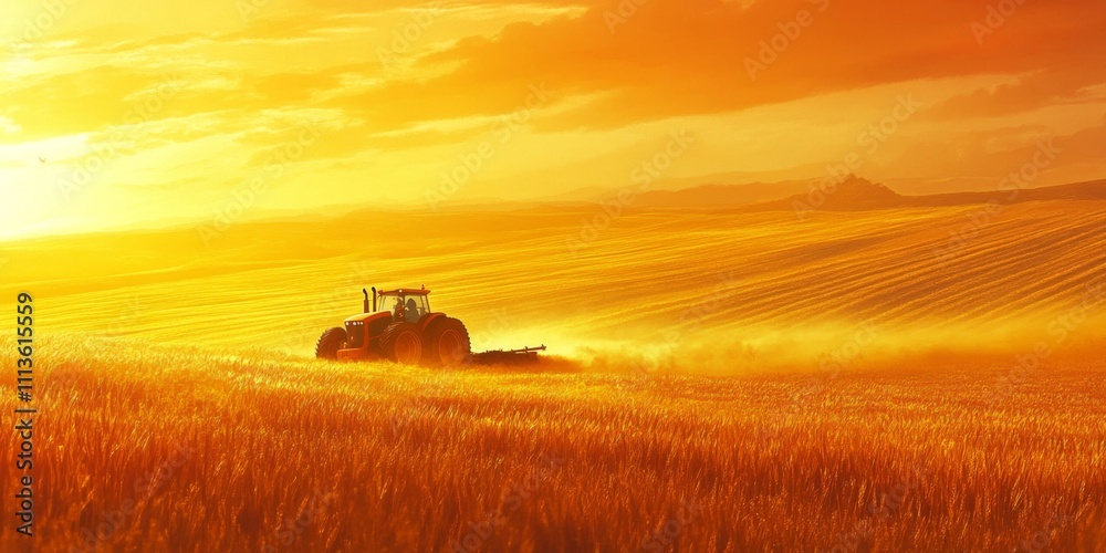 Fototapeta premium Golden Sunset Over Fields with Tractor Plowing, Capturing the Essence of Agriculture and Nature's Beauty in Rural Landscape