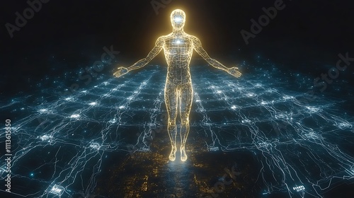 Glowing human figure levitating above a network of light.