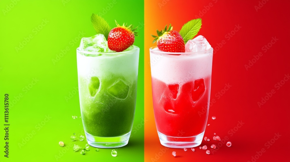 Two glasses of strawberry and mint drinks on a green and red background. The drinks are served in clear glasses and have ice cubes in them Two glasses of strawberry and mint drinks on a green and red background. The drinks are served in clear glasses and have ice cubes in them