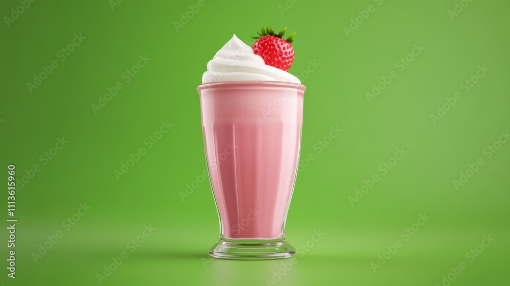 Glass of strawberry milkshake with whipped cream on top. The milkshake is pink and the whipped cream is white. The glass is sitting on a green table