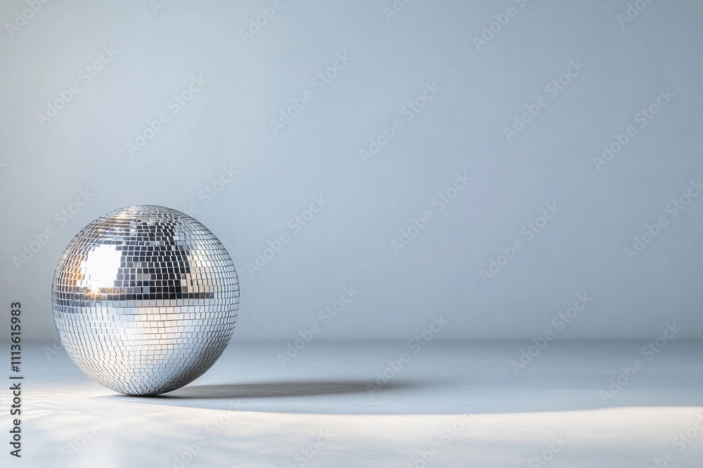 A reflective disco ball on a minimalist surface. A reflective disco ball on a minimalist surface.