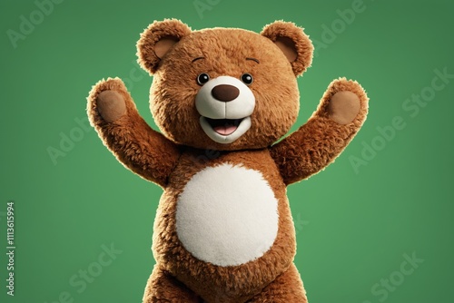 Brown teddy bear with arms raised against a green background photo